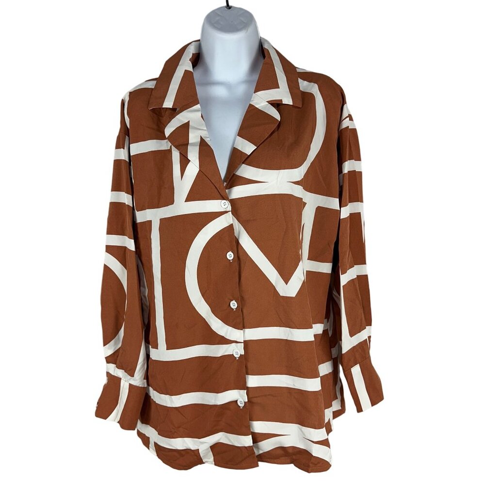 Geometric Pattern Brown & White Womens Button-Up Shirt Size Medium